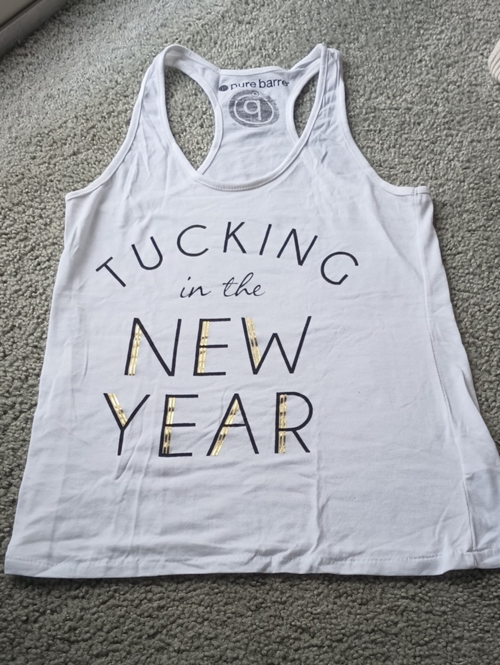 Pure Barre White Racerback Tank with Gold-Accent Lettering